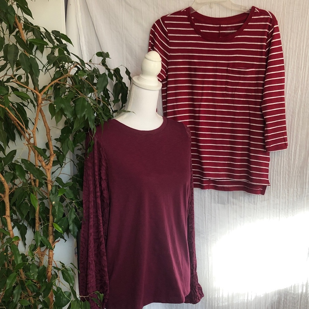 BANANA REPUBLIC sz S lot 2 maroon cranberry tops w/white stripes & lace sleeves